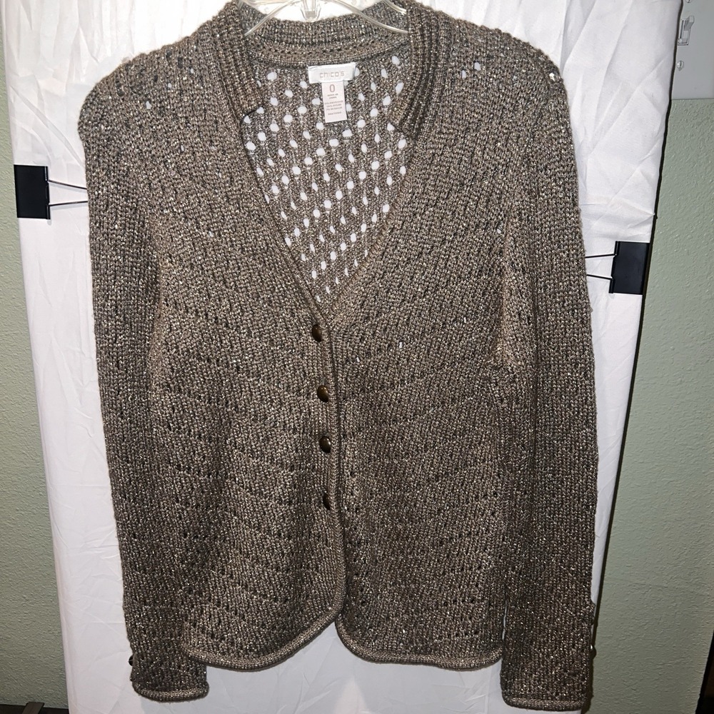 Chicos Size 4 (0) Florence Cardigan Sweater Sherwood Olive Metallic Knit Small